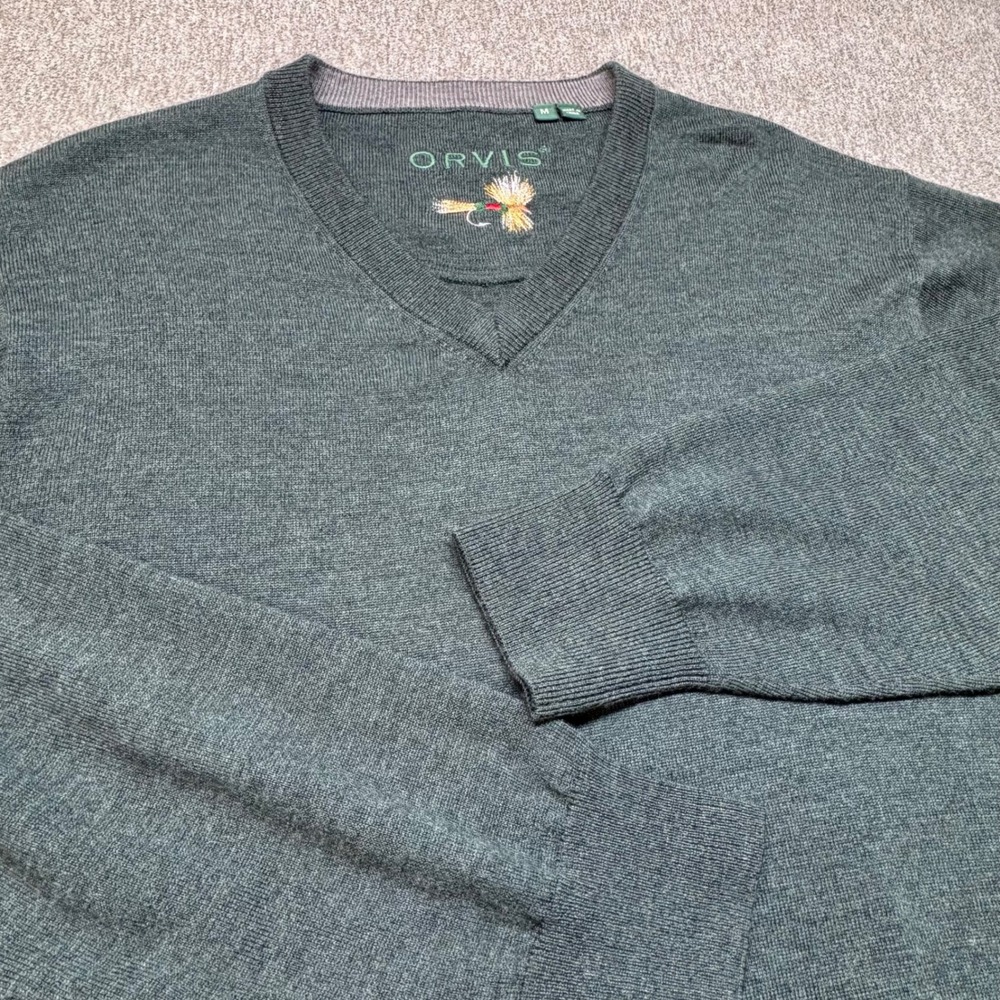 Vtg Orvis Mens V-Neck Sweater Green Embroidered Fly‎ Fishing Medium